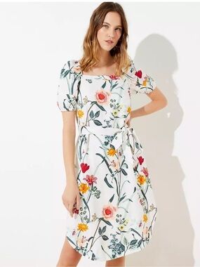 Loft Floral Print Puff Sleeve Linen Viscose Dress Size 14 New With Tags